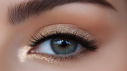 Obraz premium Close-up of a woman's eye with sparkling gold eyeshadow and long lashes.