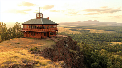 Obraz premium Mountain landscape with a wooden cabin on top of a hill and a sunrise view.