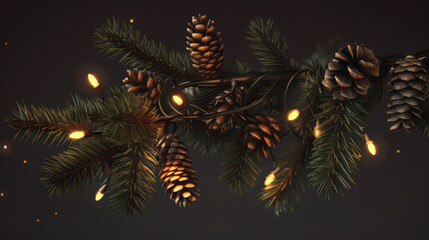 Naklejka premium christmas tree branch with lights and cones