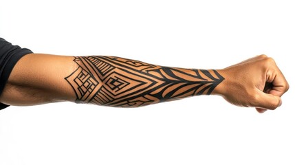 Arm with tribal tattoo on white background