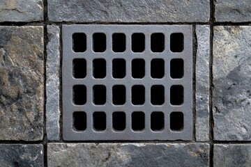 舗装された石の間にある排水溝のグレーの格子が目立つ風景