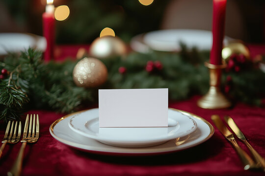 Blank mock up card, place card, menu, guest card on a plate on a festively decorated table with beautiful tableware and gold cutlery - Powered by Adobe
