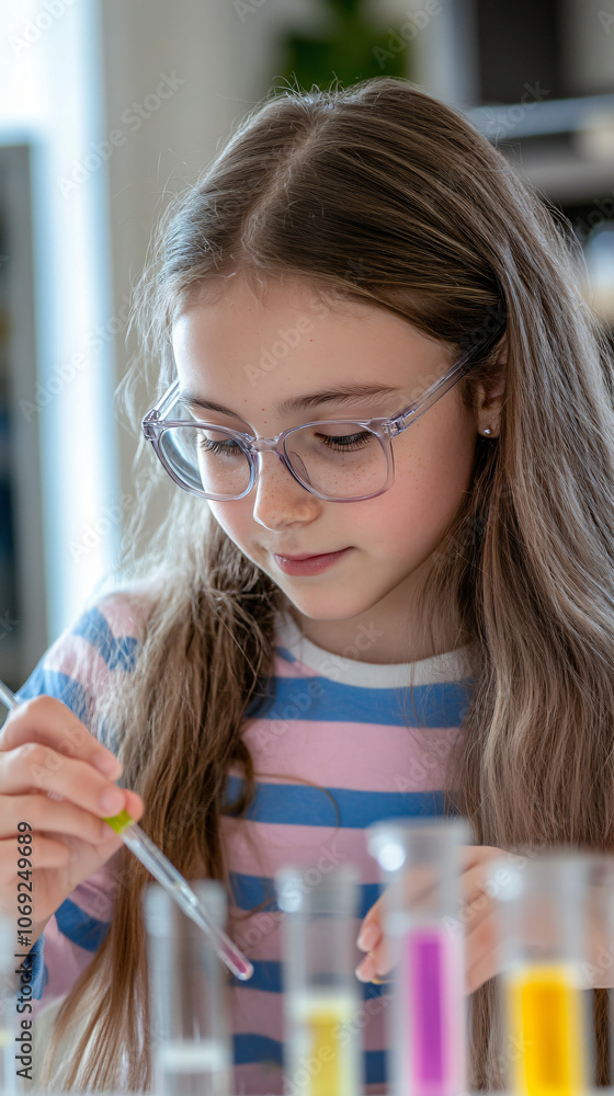 Poster young scientist conducting an experiment with test tubes and a pipette, taking safety precautions wi