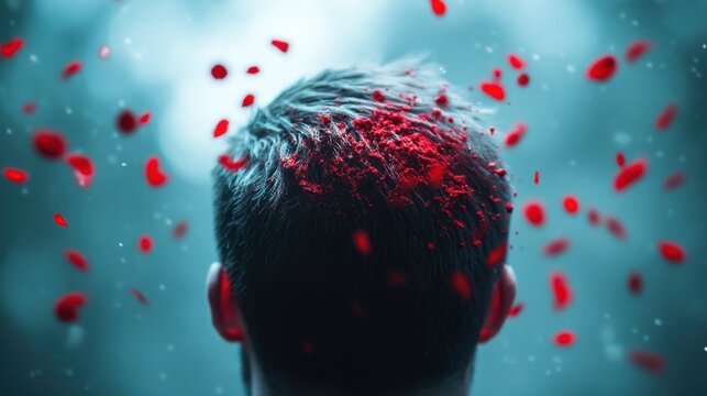Dramatic portrait of person with red petals falling around them