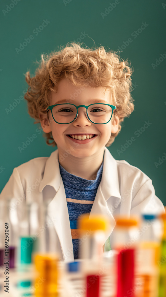 Poster smiling young chemist in a lab coat sits behind a table with a collection of colorful test tubes