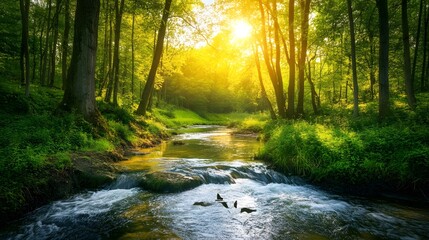 Fototapeta premium Serene river winding through a dense jungle, flanked by lush green foliage, with exotic wildlife visible along the banks