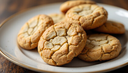 Freshly baked cookies on a plate showcasing a golden, cracked texture in a cozy kitchen setting during afternoon light