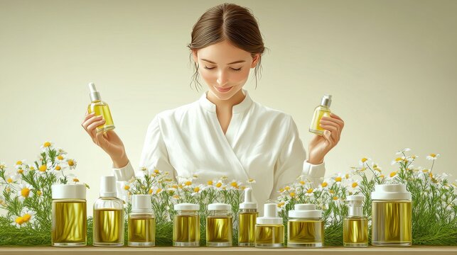Female laboratory scientist testing botanical skincare ingredients with glass beakers and flowers for natural beauty product development and cosmetic science branding