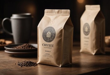 Rustic coffee packaging display with beans and mug on wooden table