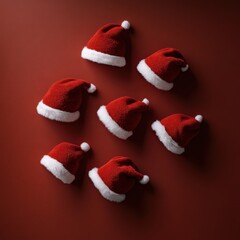 Festive red santa hats arranged on a dark red background