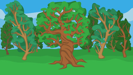 Green dense forest, park, garden. Illustration background for video, cartoon, clip, animation, postcard, advertising. Nature with good ecology. Location of the environment for a walk, rest or picnic.