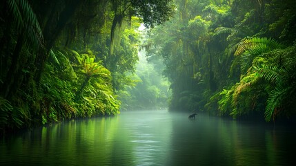 Obraz premium Serene river winding through a dense jungle, flanked by lush green foliage, with exotic wildlife visible along the banks