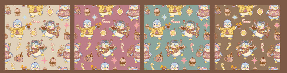 Cozy collection of seamless patterns with animals on a background of pastel colors. Cheerful funny dressed pigguins in Christmas sweaters with a cup of cocoa and sweets