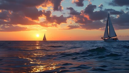 Naklejka premium Sunset over the ocean with sails on the horizon.