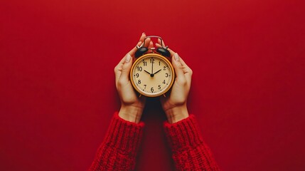 Hands holding a yellow alarm clock on red background.