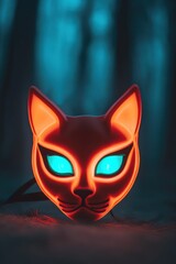 Obraz premium Glowing orange cat face with bright turquoise eyes in the dark