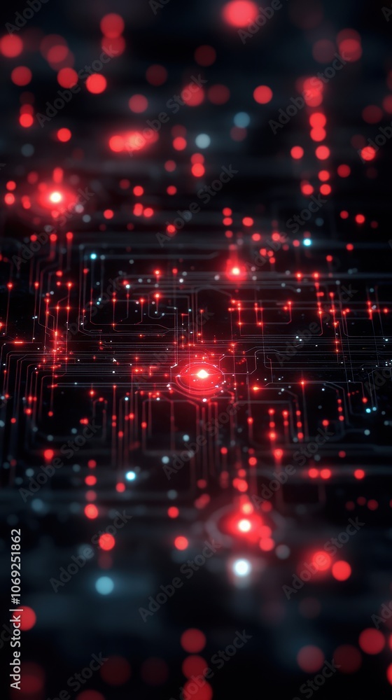 Poster futuristic tech backdrop with red and black circuits glowing at night. generative ai