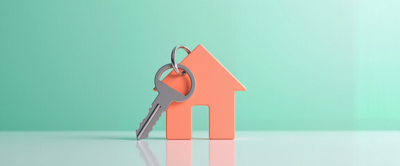 Key with house icon on glossy surface and mint background representing home ownership, copy space