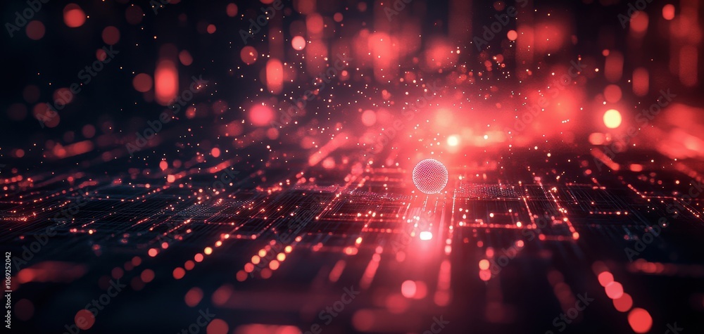 Poster exploring futuristic technology with a captivating red and black digital landscape. generative ai