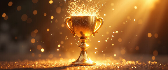 Sparkling golden trophy with rays of light representing achievement and celebration