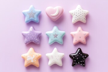 Assortment of colorful star-shaped candies on a pink background