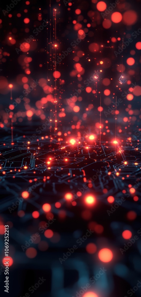 Poster futuristic digital scene with glowing red and black elements in a dark background