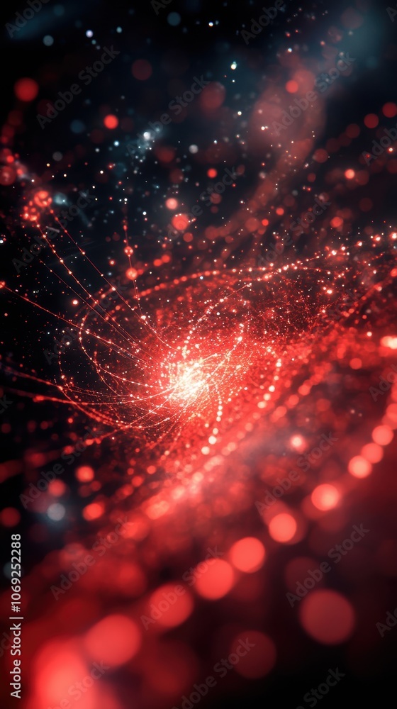 Poster dynamic patterns of light and energy in striking red and black colors create a futuristic theme