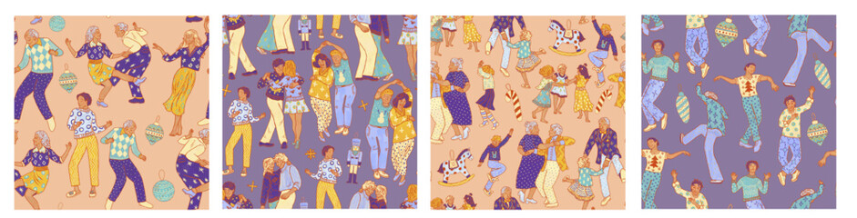Collection of cozy vintage Christmas patterns - festival party dance. People of different ages, gender and nationality against a background of pastel pink and purple flowers.