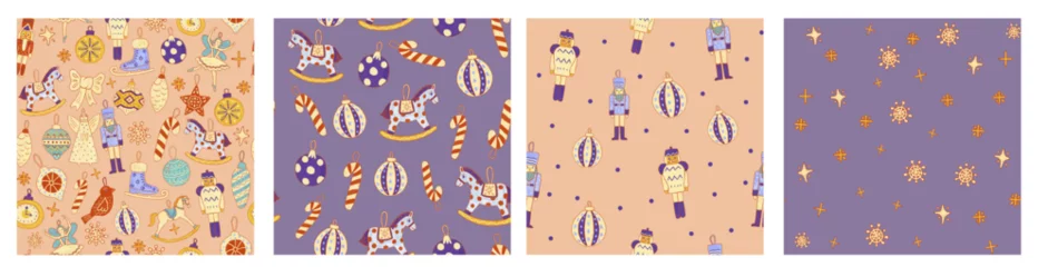 Gardinen Nahtloser herbst Collection of seamless vintage seasonal patterns. Ornament Christmas tree toys, decorations, balls, bubbles, snowflakes, rocking horses. Holiday gift paper background  © Alina Dmitrieva