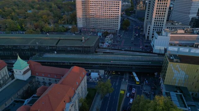 Berlin station zoologischer garten, sunset. Amazing aerial view flight drone