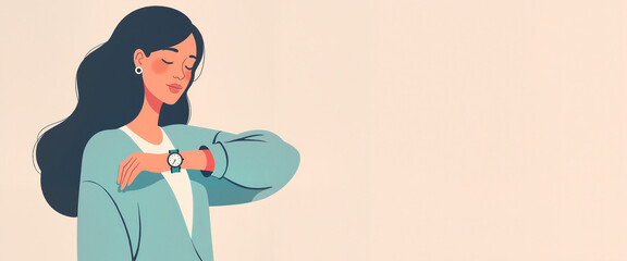 Young woman checking time with a watch in a calm demeanor on a light abstract background with copy space