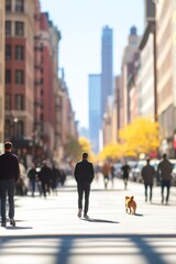 Obraz premium Pedestrians walking on a city street with tall buildings and autumn foliage