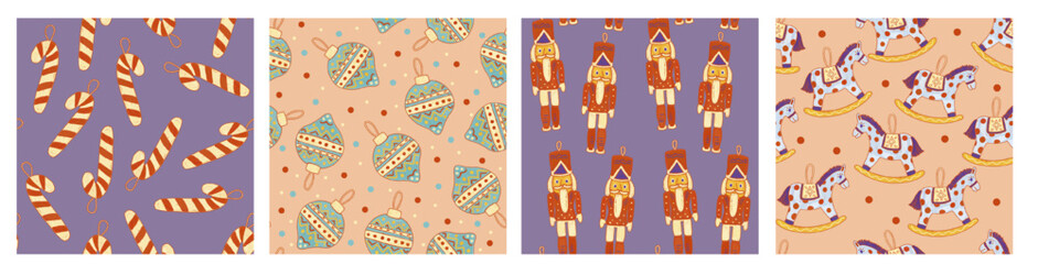 Collection of seamless vintage seasonal patterns. Ornament Christmas toys, decorations, balls, bubbles, candy canes. Holiday gift paper background