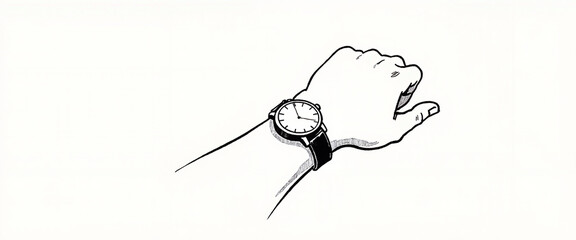 Wristwatch on a hand shown in a minimalist black and white illustration style with copy space