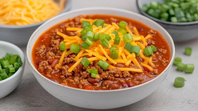 Bowl of canned chili with side garnishes like green onions and cheese, on a simple, clean table focus on convenience and customization