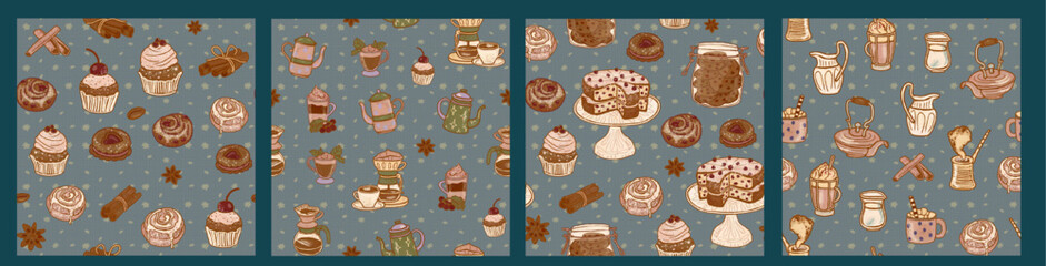 Set of seamless blue retro patterns - coffee, drinks, cocoa, cakes, pastries, muffins, cupcakes. Vintage background for cafe, pastry shop, bakery, coffee shop, desserts.
