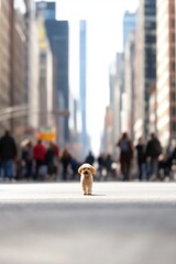 Obraz premium Tiny dog standing alone in busy city street
