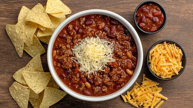 Flat lay of canned chili with side ingredients like tortilla chips and grated cheese, showcasing customization and convenience, rustic table