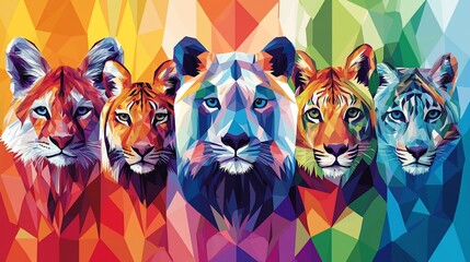 Five colorful big cat portraits with a geometric pattern background.