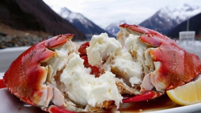 close-up of alaska king crab legs cracked open revealing tender white meat,alaska king crab legs cracked open with lemon wedges and drawn butter