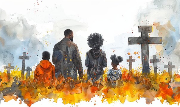 Parents and their two children stand hand in hand, gazing intently at the cross, embodying faith and unity on Good Friday, surrounded by a vibrant watercolor backdrop