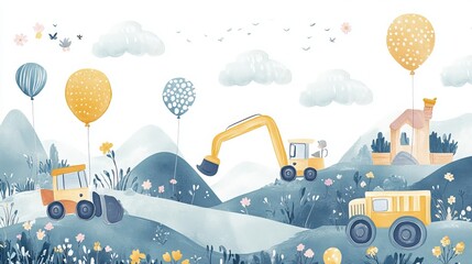 Whimsical construction vehicle illustrations adorn a bohemian landscape, featuring colorful balloons and fluffy clouds. Scandinavian-inspired