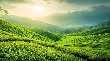 Tea plantations panorama in Munnar, India, showcasing lush green hills covered with tea bushes, misty atmosphere, and rolling landscape