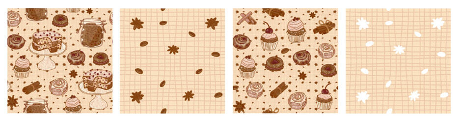 Set of seamless brown sweet retro pattern - cakes, pastries, muffins, cupcakes. Vintage background for cafe, pastry shop, bakery, coffee shop, desserts.