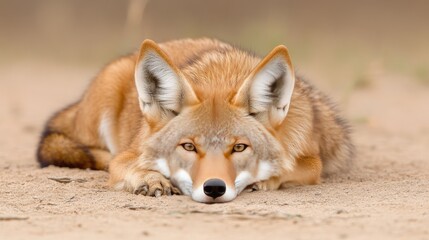 Fototapeta premium A serene close-up of a wolf resting on the ground, showcasing its gentle nature and vibrant colors in natural light