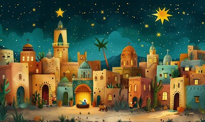 Under the enchanting glow of the comet star, the birth of Jesus Christ brings light to a peaceful Bethlehem, enveloped in a magical, watercolor night
