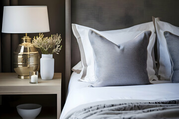 A cozy bedroom scene featuring decorative pillows and a stylish lamp.