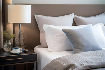 Cozy bedroom scene with pillows, lamp, and decorative items on a bedside table.