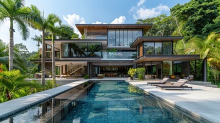 A beautiful modern home with minimalist design elements, located in the heart of Thailand's agricultural countryside, with farmers working in the fields