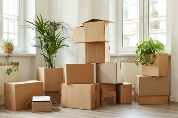 Cardboard boxes and plants in bright room: moving or decorating scene